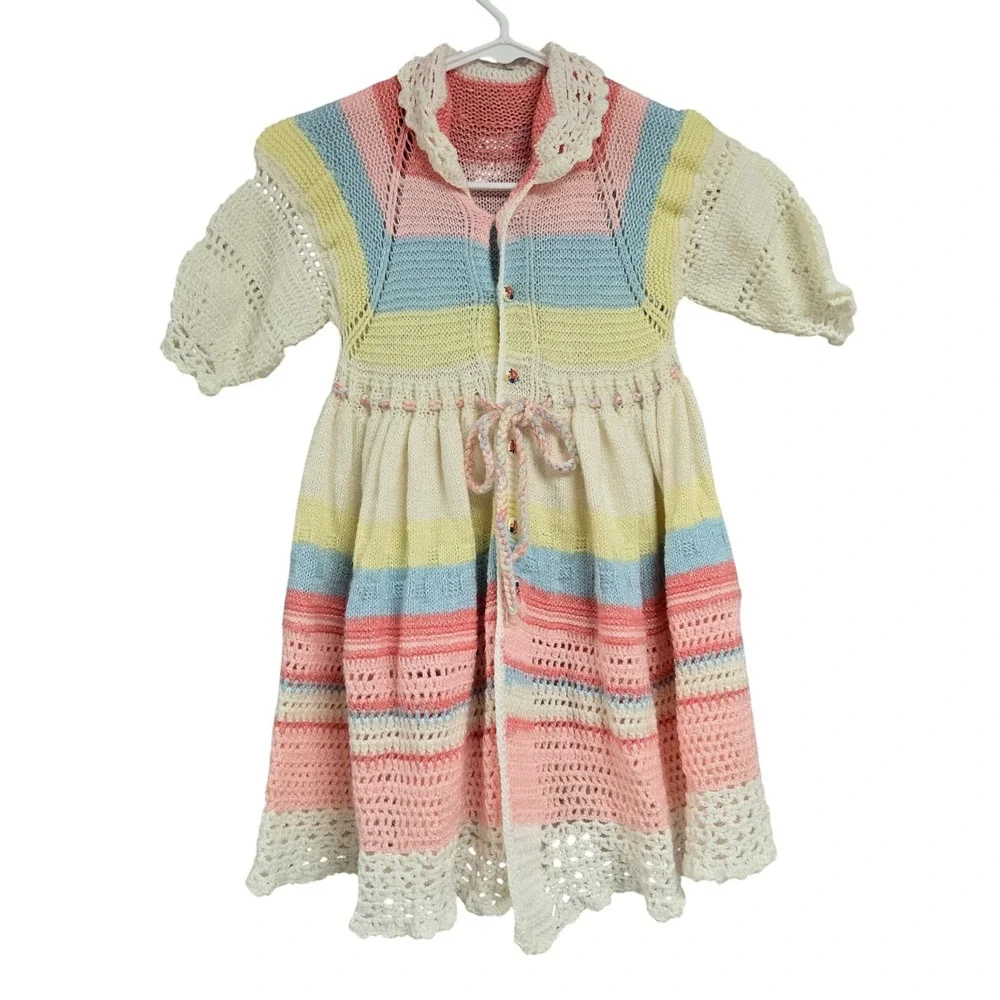 Vintage Handmade Knit Pastel‎ Striped Dress Floral Buttons Crochet Trim Sz 2T-3T